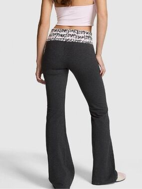 VS PINK FOLDOVER FLARE DARK GREY LEGGINGS WITH LOVE PINK LOGO ON WAISTBAND M-XL